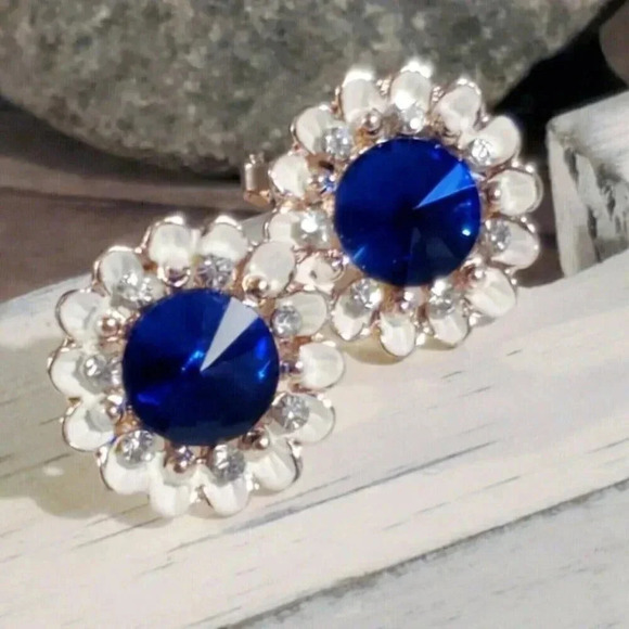 Sapphire Blue Lady Di Style Austrian Rivoli Crystal Earrings - Picture 2 of 12